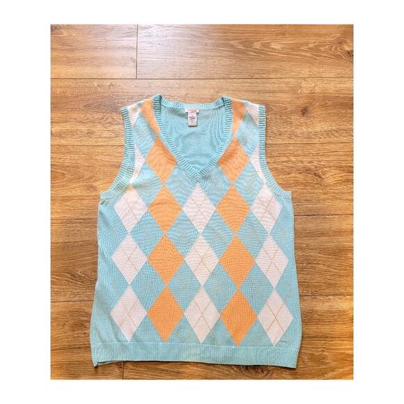 IZOD Argyle Sweater Vest Women's Sz L Pullover Light Blue Orange - Picture 1 of 9